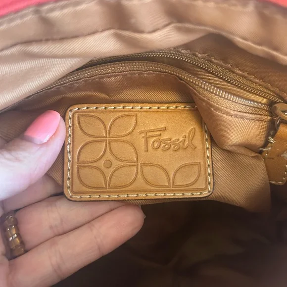 Fossil Signature Canvas Crossbody‎ Coral Bag Boho Classic Geometric Leather Trim - Picture 9 of 16